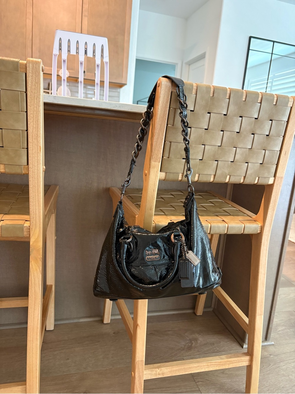 Coach Black Patent Leather Shoulder Bag with Chain-Link Strap - Picture 2 of 10